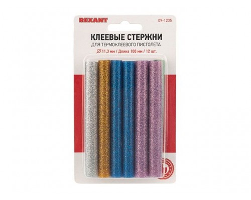 Клеевые стержни d=11,3 мм, L=100 мм, цветные с блестками (упак. 12 шт.) (блистер) REXANT