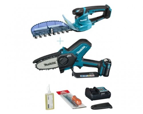 Комплект аккум. кусторез MAKITA UH 201 DZ + аккум. цепная пила UC100DWA (12.0 В, БЕЗ АККУМУЛЯТОРА, длина ножа 200 мм, шаг ножа: 26 мм, вес 1.3 кг)