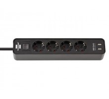 Удлинитель 1.5м (4 роз., 3.3кВт, с/з, 2 USB порта, выкл., ПВС) черный Brennenstuhl Eco-Line (провод 3х1,5мм2, сила тока 16А, 2 USB порта, с/з - с зазе