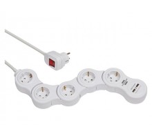 Удлинитель 1.4м (5 роз., 3.3кВт, с/з, 2 USB, выкл., ПВС) гибкий, белый, Brennenstuhl Vario Power (провод 3х1,5мм2, сила тока 16А, 2 USB порта, с/з - с